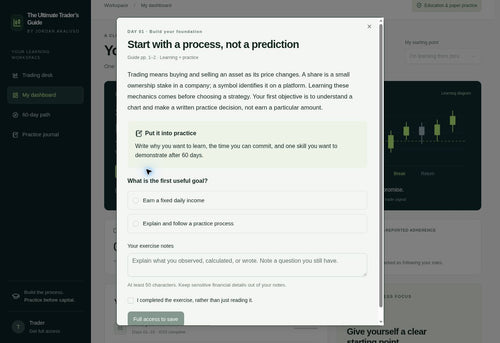 Actual Ultimate Trader’s Guide lesson interface with illustrative sample data