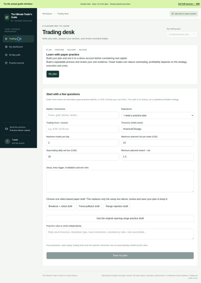 Actual Ultimate Trader’s Guide plan interface with illustrative sample data